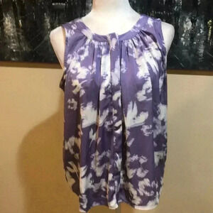 Simply Vera Vera Wang Purple & White Abstract Floral Button Front Pleated Top-S
